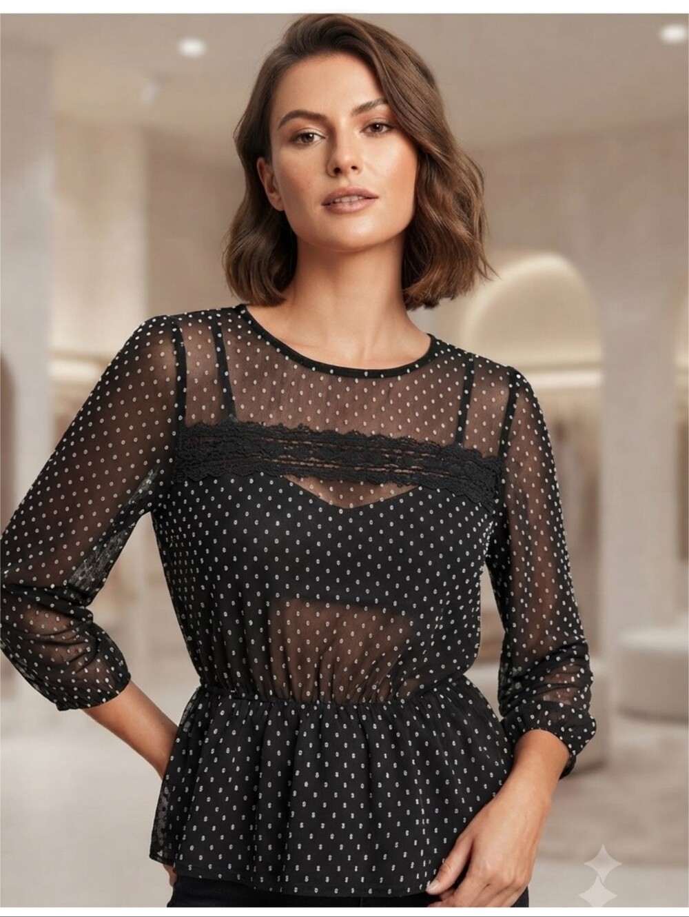 Lily Rose Peplum Polka Dot Sheer Blouse Black & White Size M